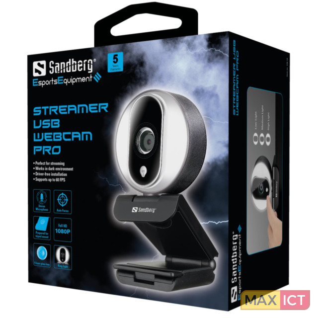 Sandberg Streamer USB Webcam Pro Megapixels 2 MP Maximale videoresolutie 1920 x 1080 Pixels Maximale beeldsnelheid 60 fps Interface USB 20 Kleur van het product Zwart Zilver Montagewijze Clipstandaard Ondersteunt Windows Windows 10Windows 7Windows 8 Type verpakking Doos Breedte verpakking 120 mm Diepte verpakking 55 mm