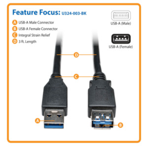 Eaton Tripp Lite U324-003-BK USB-kabel USB 3.2 Gen 1 (3.1 Gen 1) 0,91 m USB A 2 x USB A Zwart