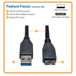 Eaton Tripp Lite U326-001-BK USB-kabel USB 3.2 Gen 1 (3.1 Gen 1) 0,3 m USB A Micro-USB B Zwart