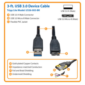 Eaton Tripp Lite U326-003-BK USB-kabel USB 3.2 Gen 1 (3.1 Gen 1) 0,91 m USB A Micro-USB B Zwart