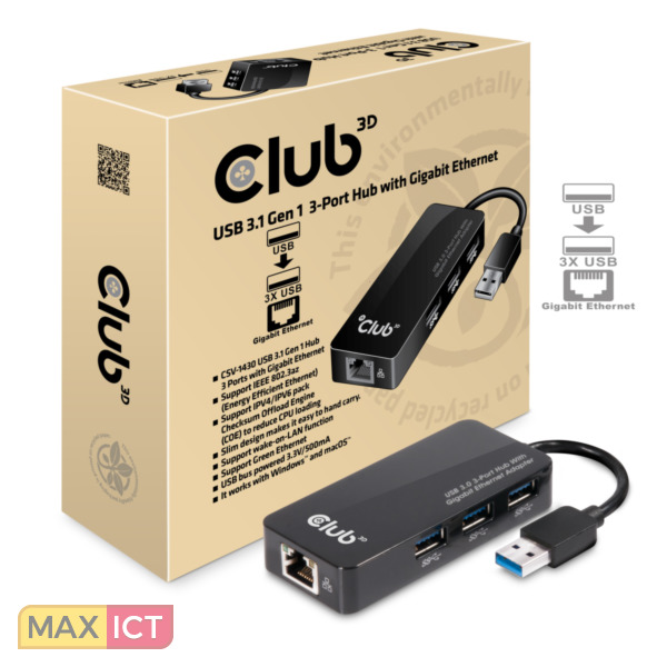 hand markeerstift Allergisch CLUB3D USB 3.0 Hub 3-Port with Gigabit Ethernet kopen? | Max ICT B.V.
